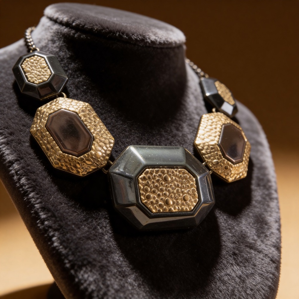 Black Octagon & Hammered Silver Necklace | Geometric Statement - Picture 3 of 8